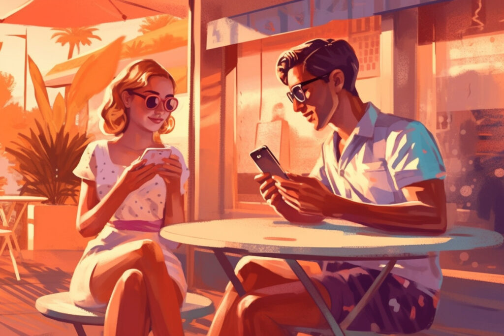 young couple searching for places to eat on their smartphones