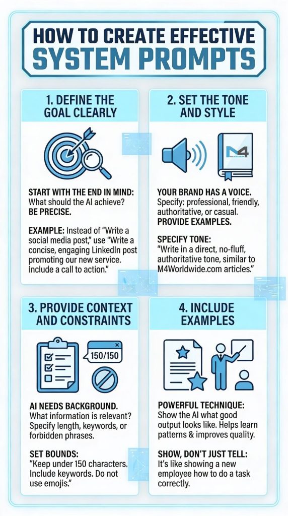 How to create effective AI system prompts infographic